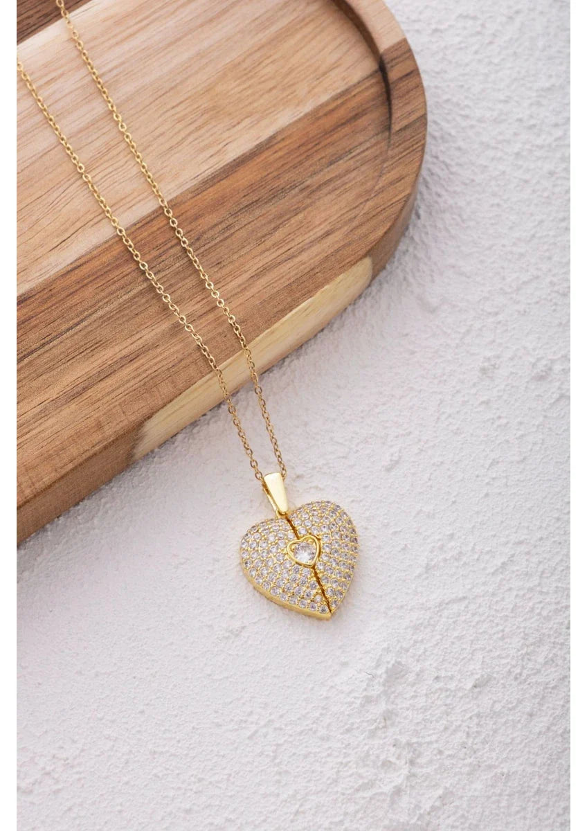 💖 Elegant Gold Heart Pendant Necklace – Crystal Heart Charm with Chain for Women 💎✨